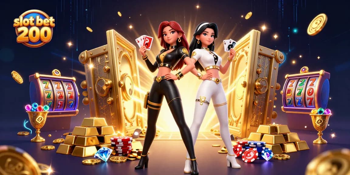 Experience the excitement of slot bet 200 with stunning visuals of twin Asian women and casino elements.