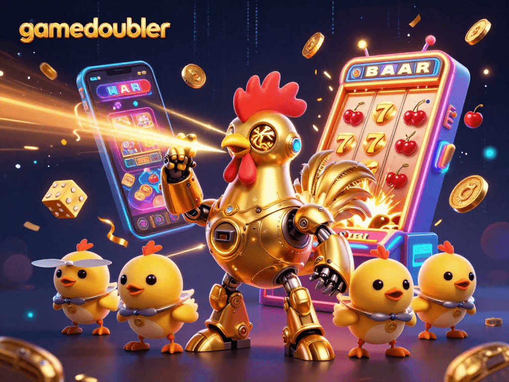 Players enjoy gamedoubler with a vibrant casino scene filled with slot machines and golden coins.