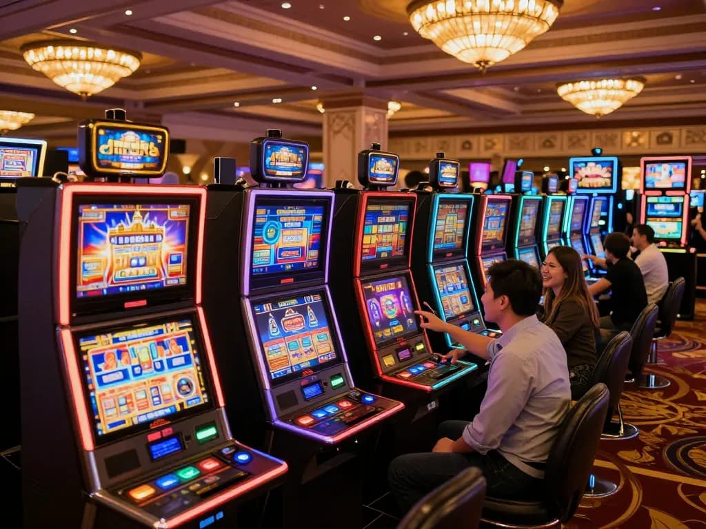 Engaged players at a situs slot area, eagerly pressing spin buttons on vibrant slot machines in a lively casino atmosphere