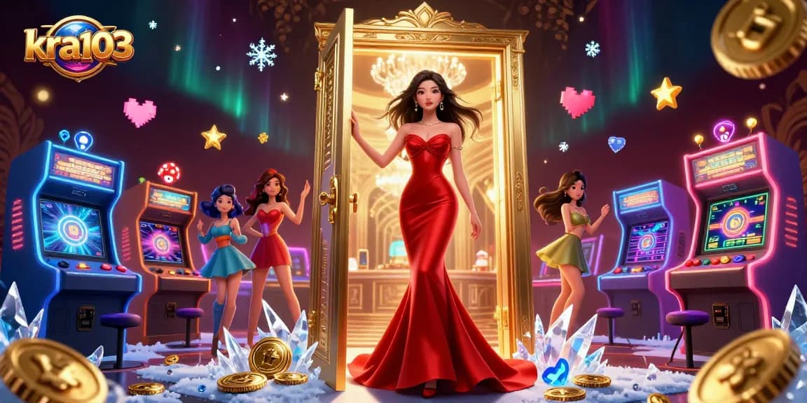 Play exciting games at kra103 with a stunning VIP casino entrance featuring an elegant woman and vibrant game elements.