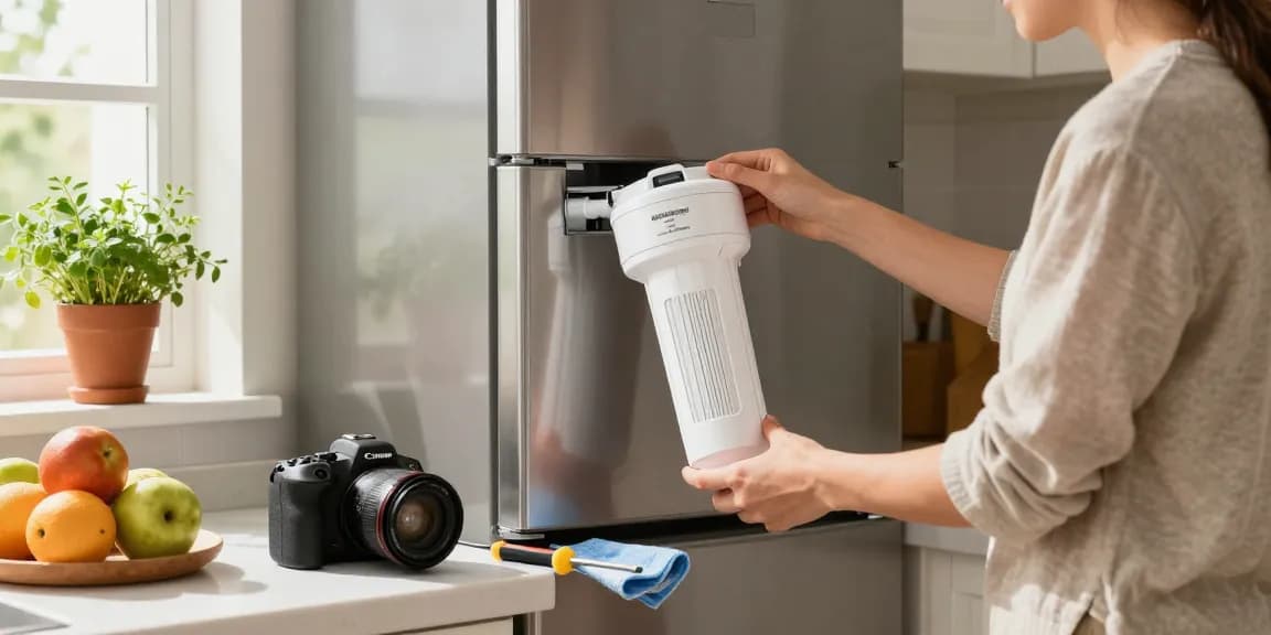 Person installing the Waterspecialist ADQ73613401 Refrigerator Water Filter in a modern kitchen, surrounded by tools and fresh herbs.