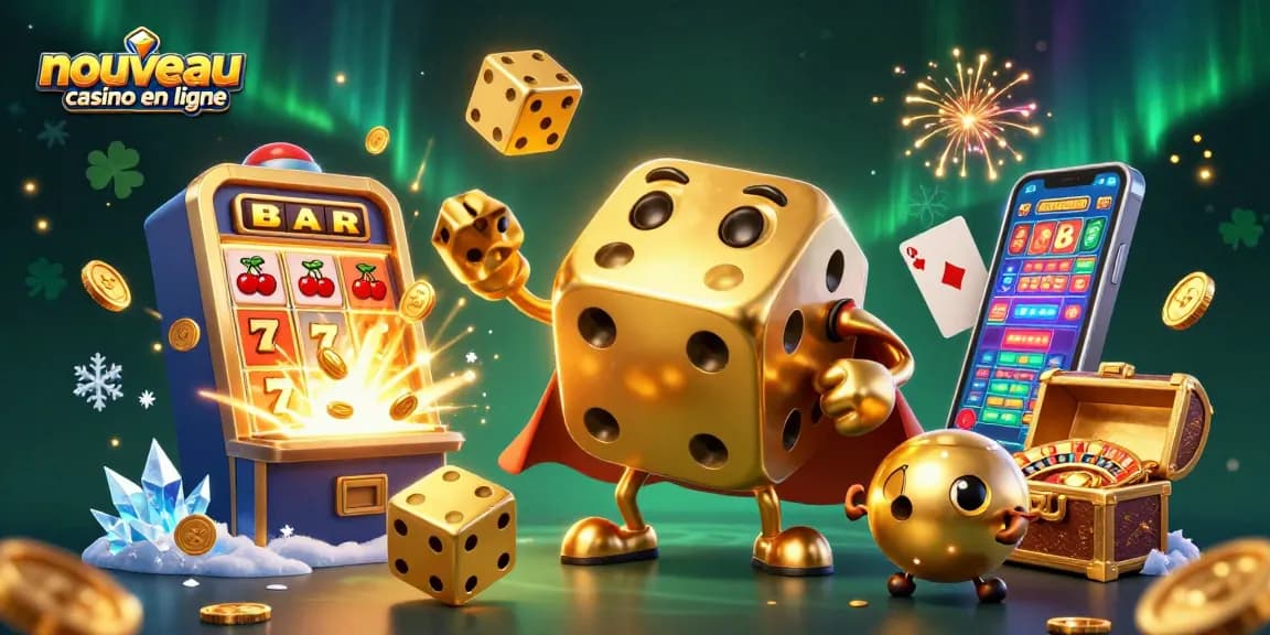 Découvrez le nouveau casino en ligne avec un golem de dés dorés et une machine à sous remplie de pièces d'or.