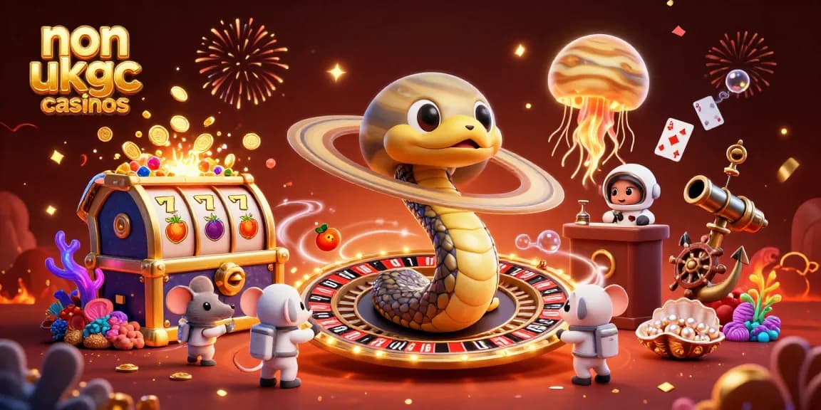 Engaging scene of non UKGC casinos with cartoon characters betting on a cosmic roulette wheel.