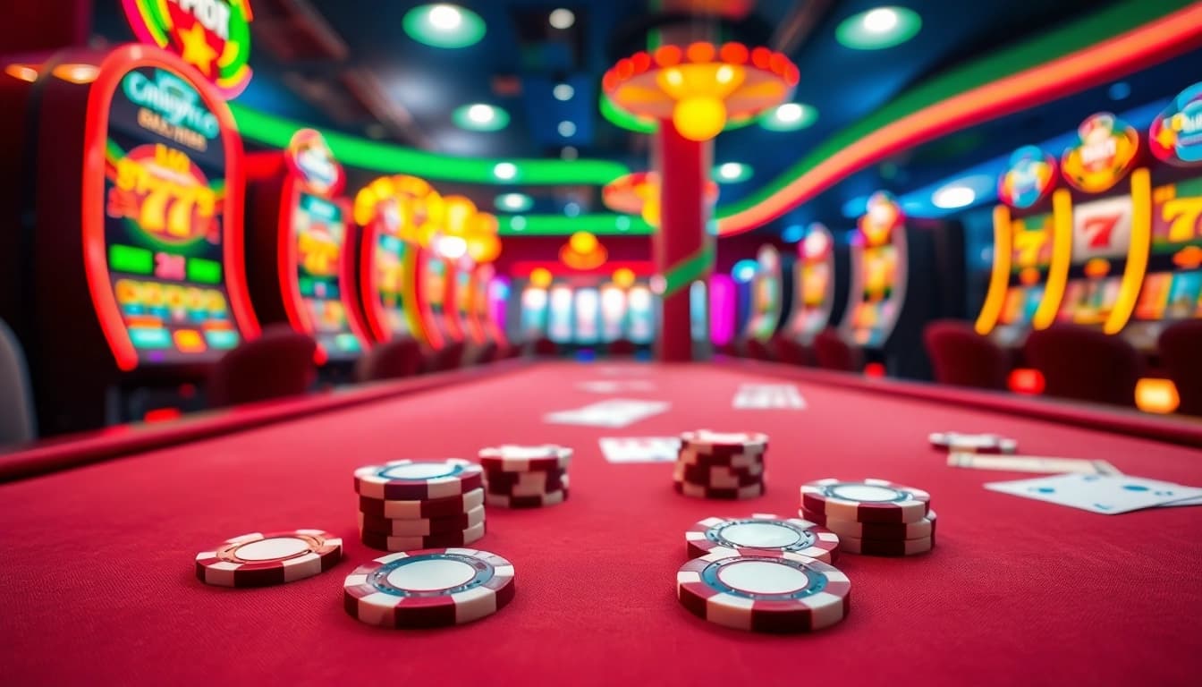 Bermain xgslot88 di meja kasino yang menakjubkan dengan chip dan kartu berwarna-warni.