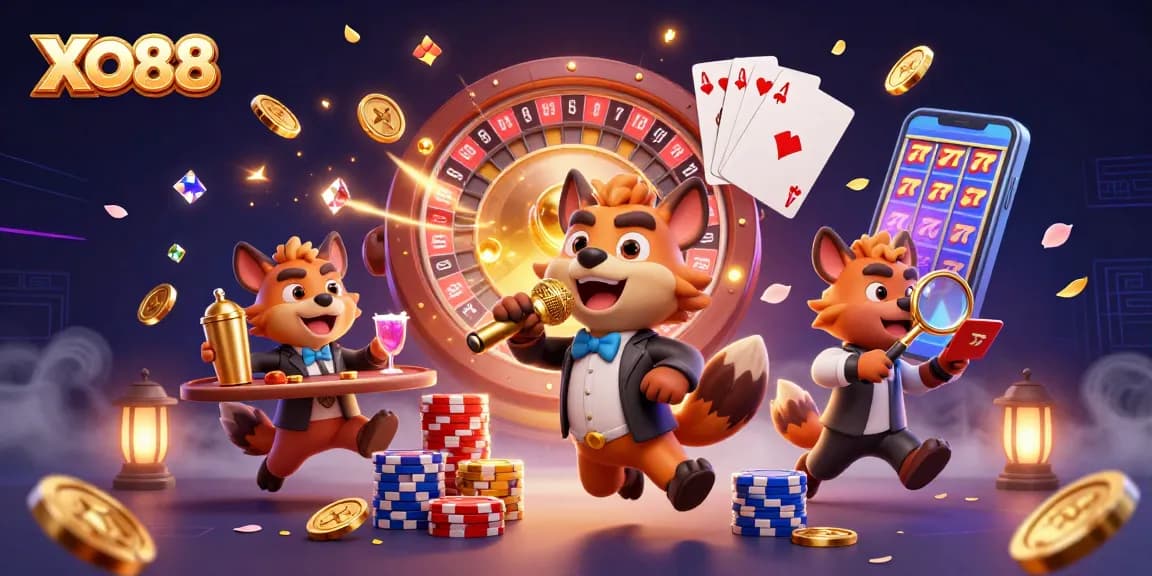 Experience the fun at XO88 with a vibrant casino scene featuring hyenas and sparkling elements.