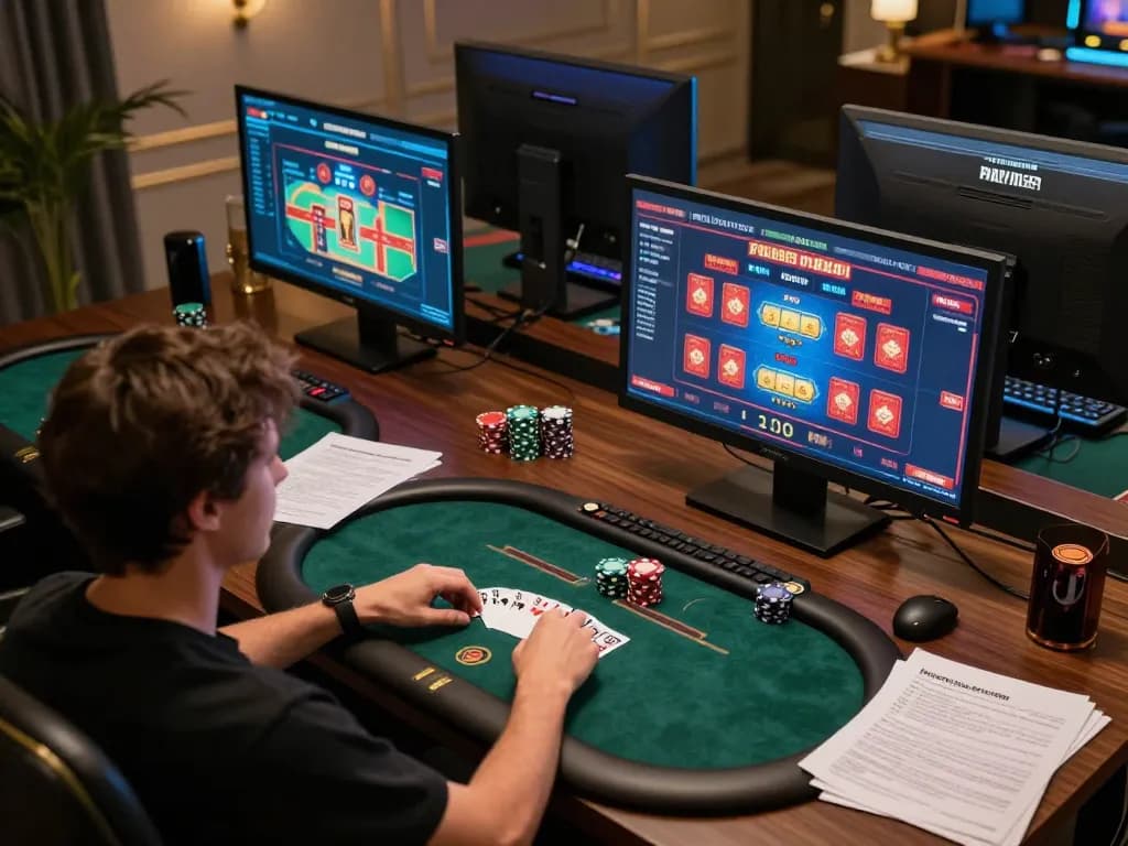 Engage in winning strategies with UGDEWA at an elegant online poker setup featuring multiple screens and strategic notes.