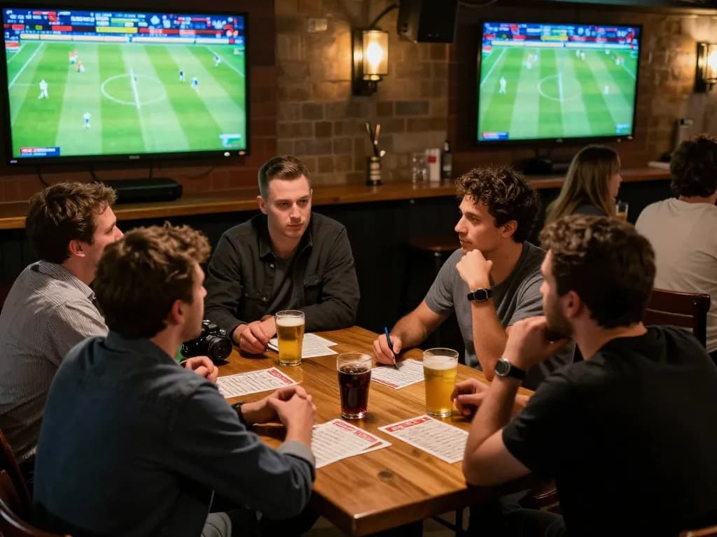 Football enthusiasts engaging in strategic betting, discussing Luật Việt Vị Trong Bóng Đá while watching live matches.