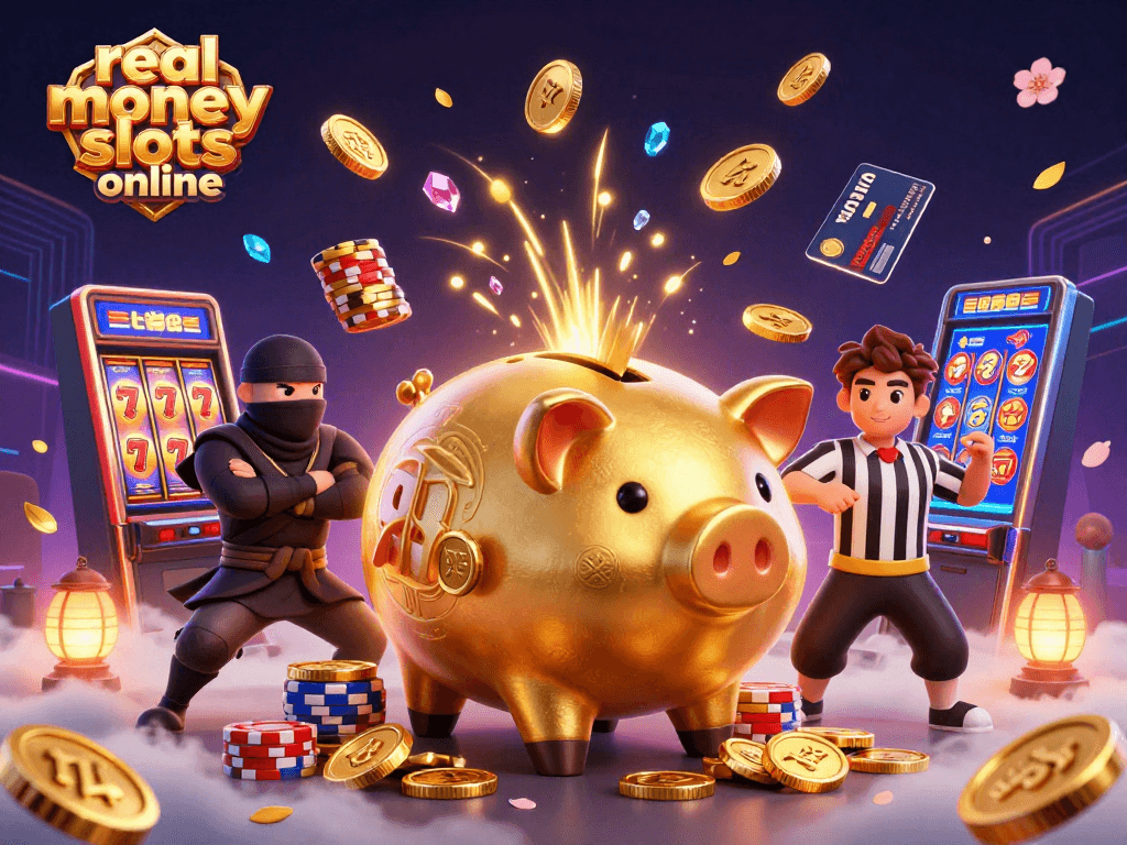 Experience exciting real money slots online with our vibrant, dynamic 3D casino illustration.