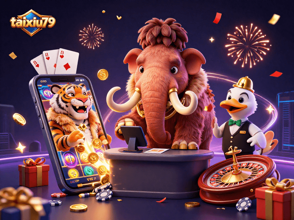 Experience thrilling gameplay with taixiu79 at the casino, guided by a mammoth bouncer and tiger guest.