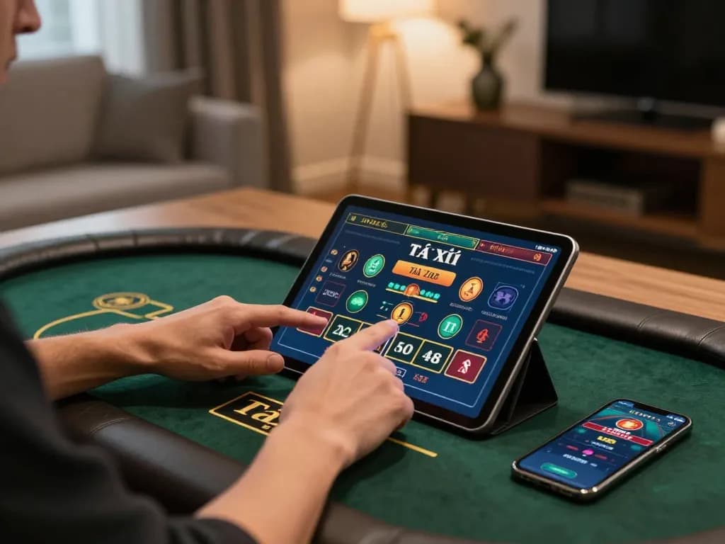 Tài xỉu online uy tín gameplay on tablet showing betting options, inviting atmosphere.