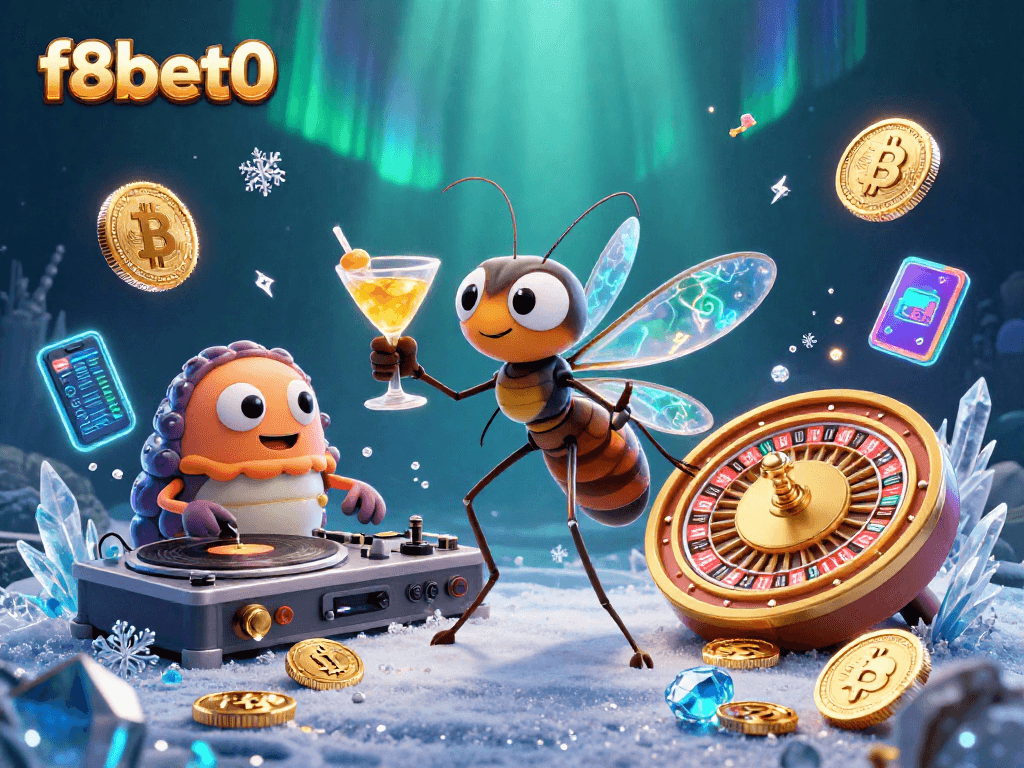 Experience the thrill of f8bet0 in this vibrant 3D scene featuring casino mascot elements and vibrant crypto symbols.