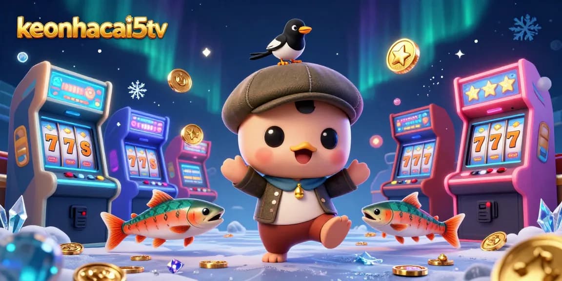 Engage with exciting keonhacai5tv adventures in this vibrant 3D casino scene featuring slot machines.