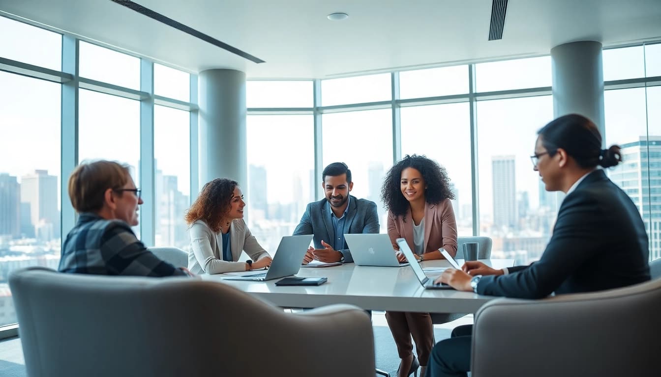 Team collaborating effectively using an enterprise assistant platform in a modern office.