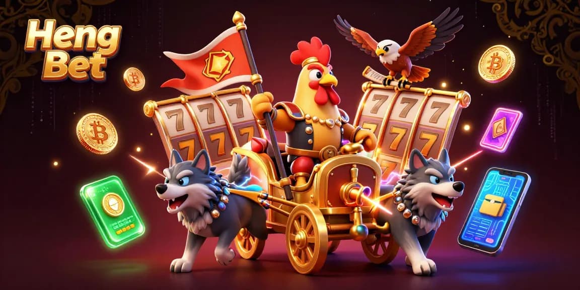 Engage with Heng Ong Bet by spinning slot reels while a dynamic scene unfolds with a rooster warlord and mystical elements.