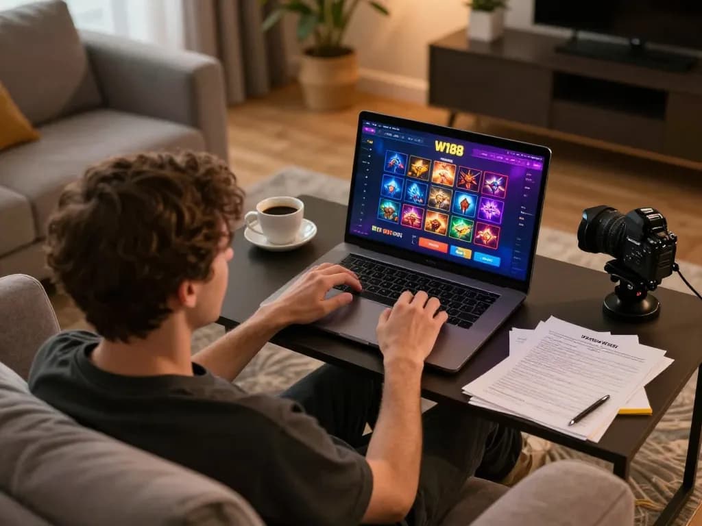Player engaging with W188 online casino on a laptop while managing bankroll notes.