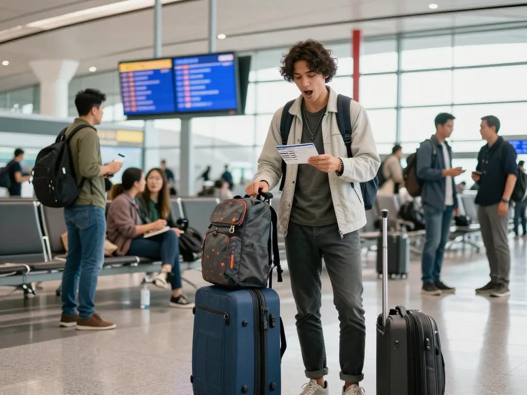 Traveler at airport excitedly preparing for flight on 789P Dreamliner, showcasing vibrant atmosphere.