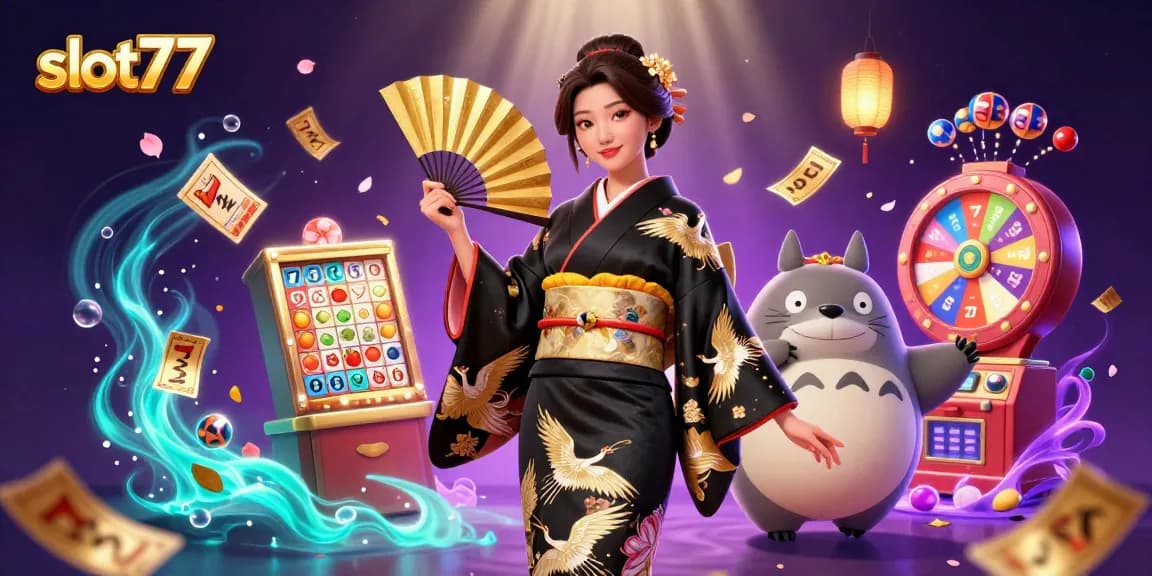 Spin thrilling slot77 reels in a vibrant 3D casino scene filled with jackpot symbols and golden prizes.