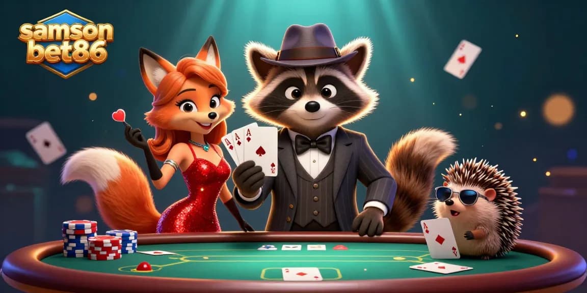 Engage with samsonbet86's exciting poker scene featuring a charming raccoon and fox duo.