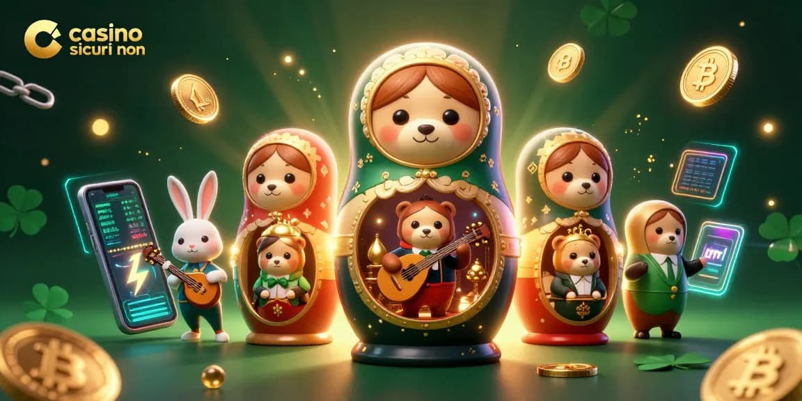 Scena coinvolgente di casino sicuri non AAMS con croupier orso Matryoshka, elementi di criptovaluta e dettagli vivaci