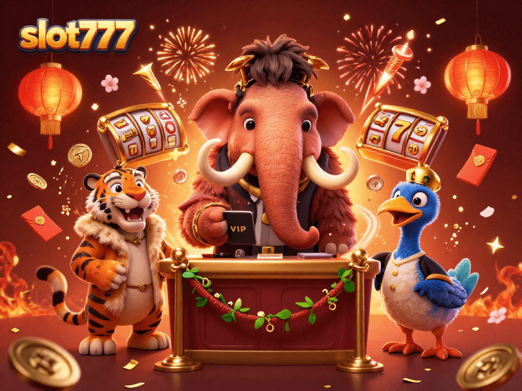 Experience high-energy slots like slot777 with our colorful casino illustration featuring dynamic characters and festive elements.