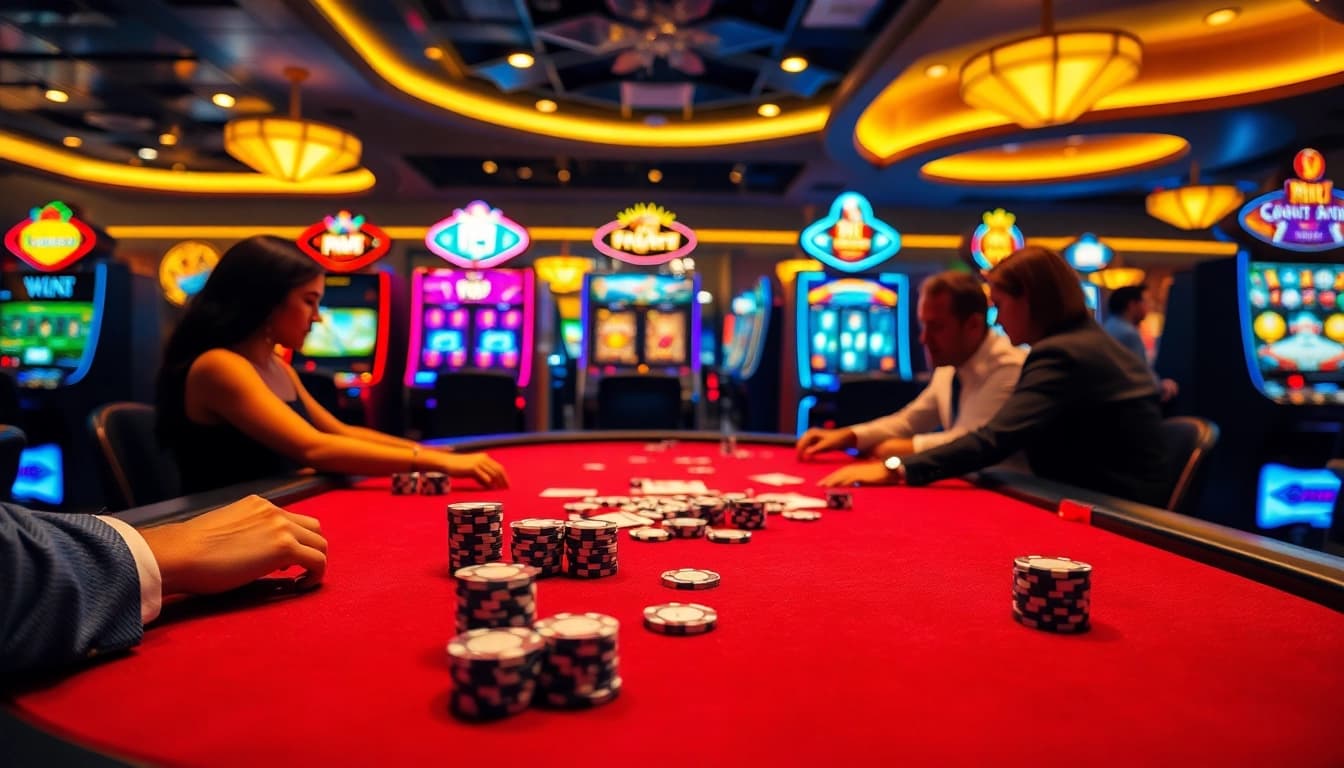 Menggunakan bbni4d, suasana kasino yang semarak dengan pemain poker dan mesin slot menarik.