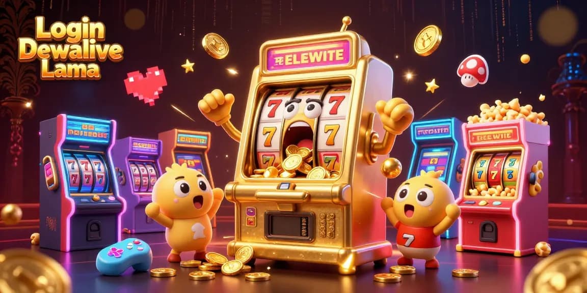 Hit the jackpot with Login Dewalive Lama as golden slot machines celebrate and coins burst forth.