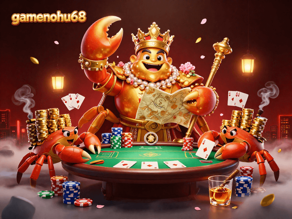 Join the adventure with gamenohu68, where a golden crab emperor navigates the poker world of riches!