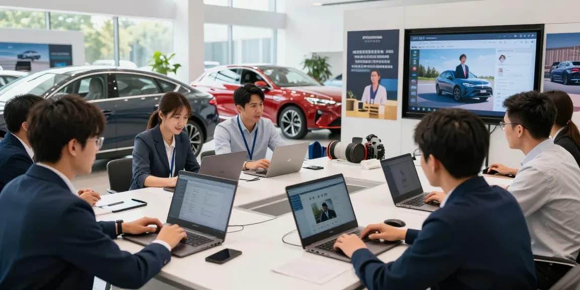 AI-powered car sales training session with diverse team using innovative software for improved performance.