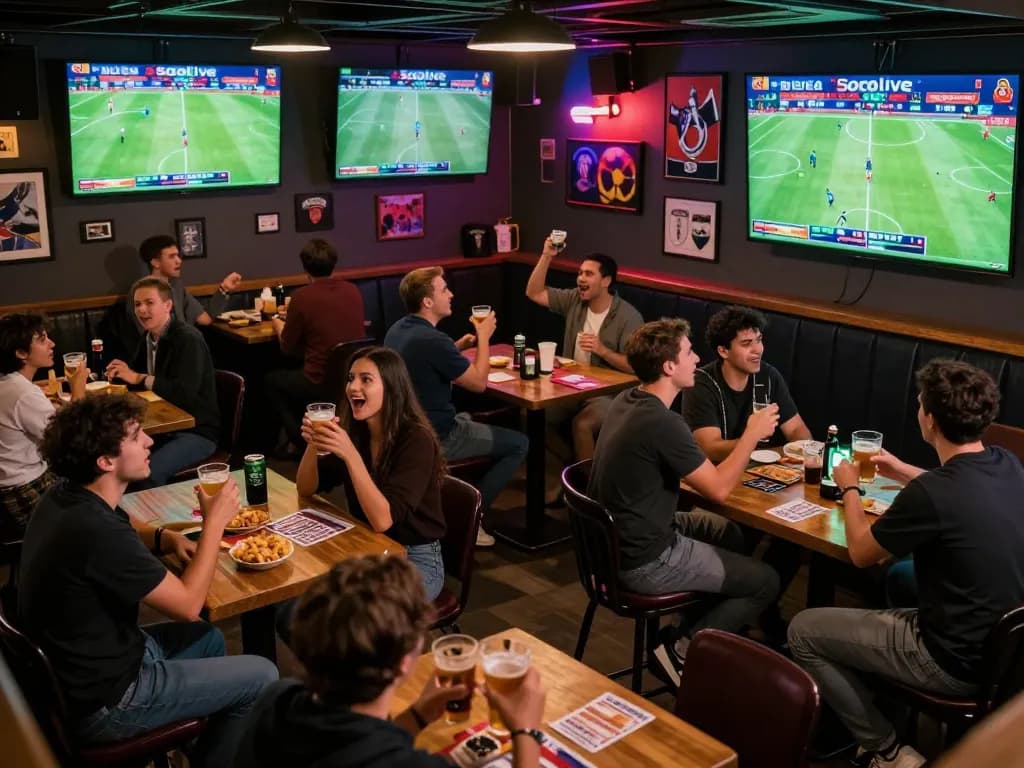 Socolive live sports betting scene showing fans watching and celebrating soccer games