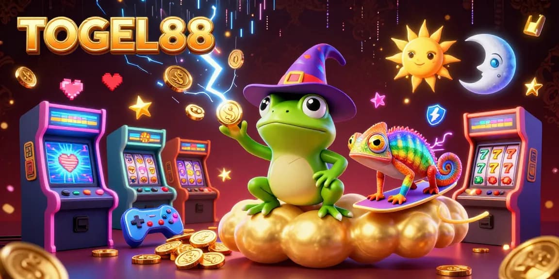 Experience the thrill of TOGEL88 with a magical illustration of a frog wizard and colorful game elements.