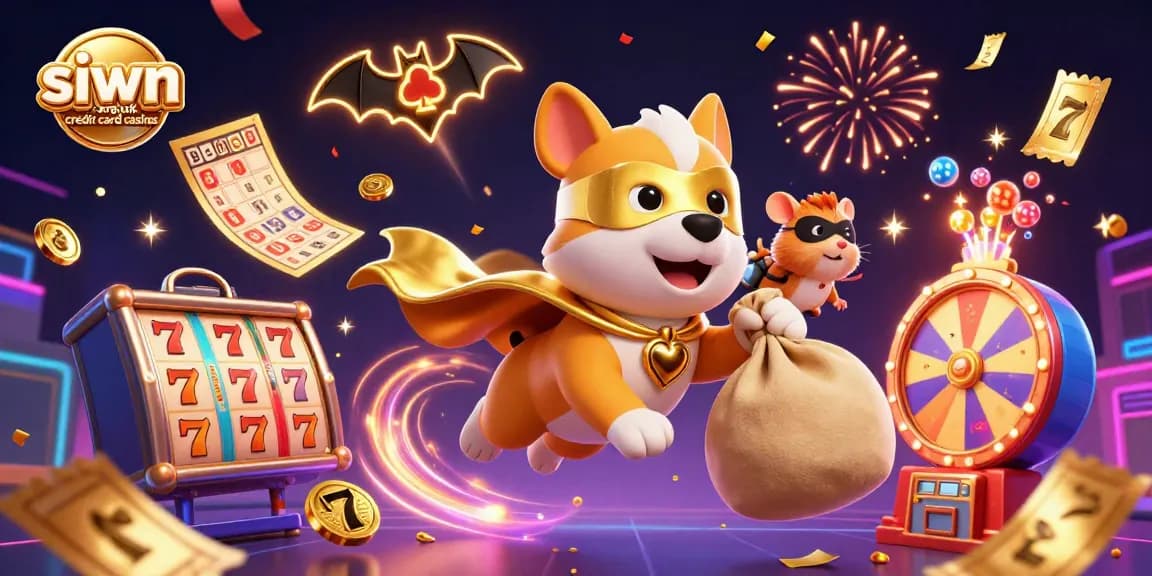 Engage in the excitement of siwn.org.uk credit card casinos with a fun 3D scene depicting a superhero dog and hamster in a dynamic casino setting.