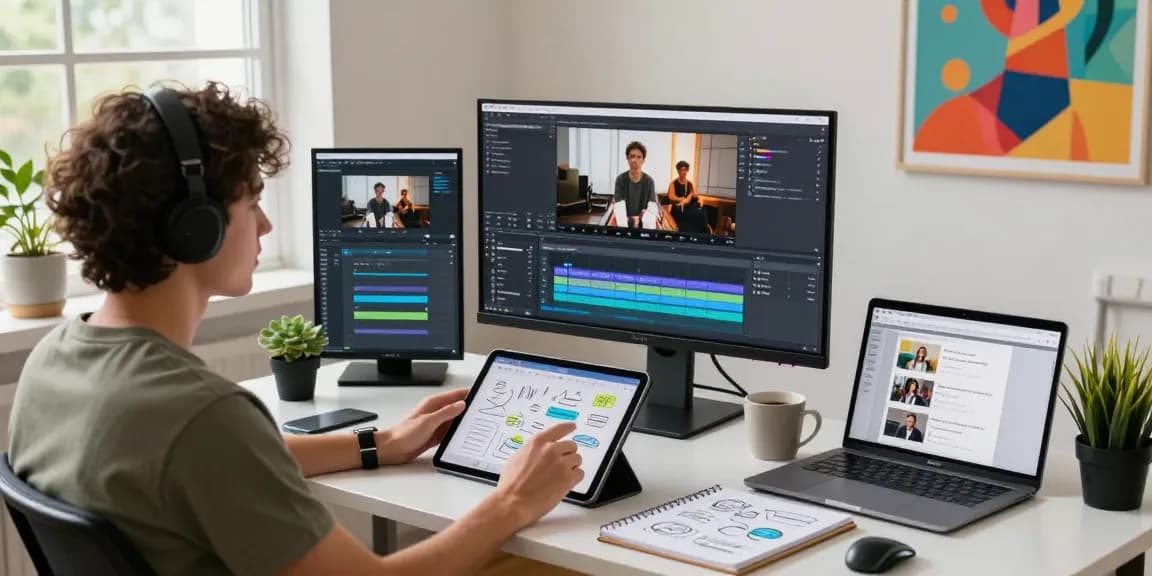 Video content creator analyzing prompt ai in a modern workspace filled with creativity and technology.