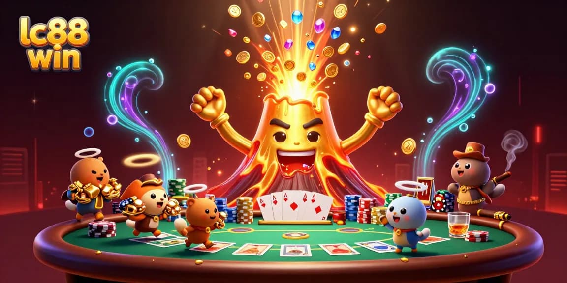 Experience excitement with lc88 win as a golden volcano erupts treasures amidst a vibrant casino scene.