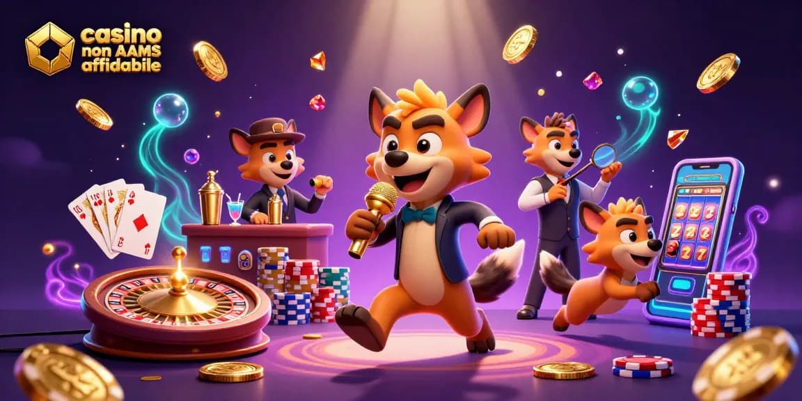 Illustrazione vivace di iene al casinò non AAMS affidabile con monete dorate volanti.