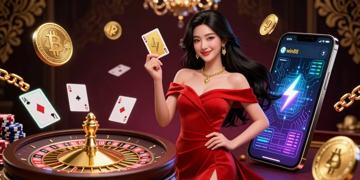 Win88 players enjoying an exciting casino atmosphere with golden cards and vibrant neon coins.