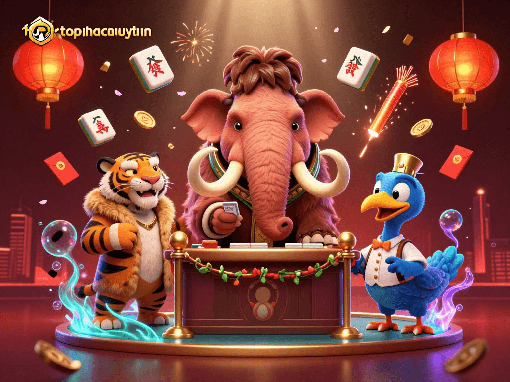 topnhacaiuytinn showcases a lively casino scene with a woolly mammoth bouncer and festive decor.