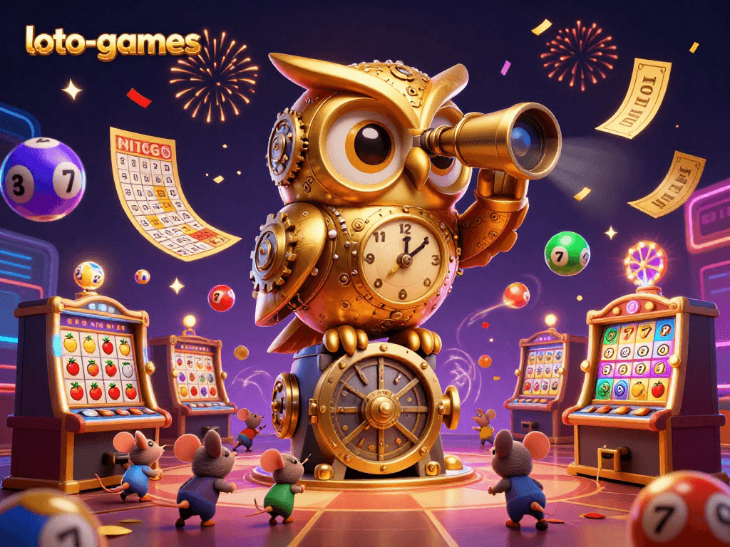 Experience the excitement at loto-games with this vibrant casino scene featuring an animated golden owl and festive lottery elements.
