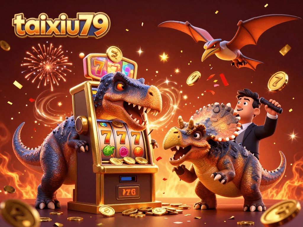 Experience the excitement of taixiu79 with a dinosaur-themed jackpot scene featuring vibrant slot elements and dynamic action.
