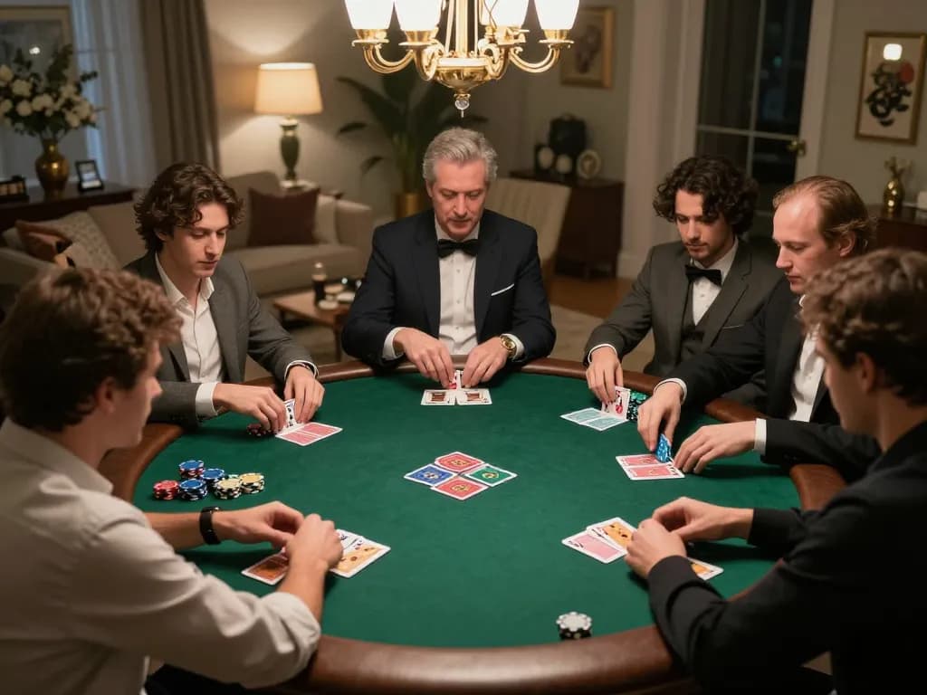 Players enjoy a thrilling poker night, showcasing strategic gameplay at a home game focusing on slot server kamboja.