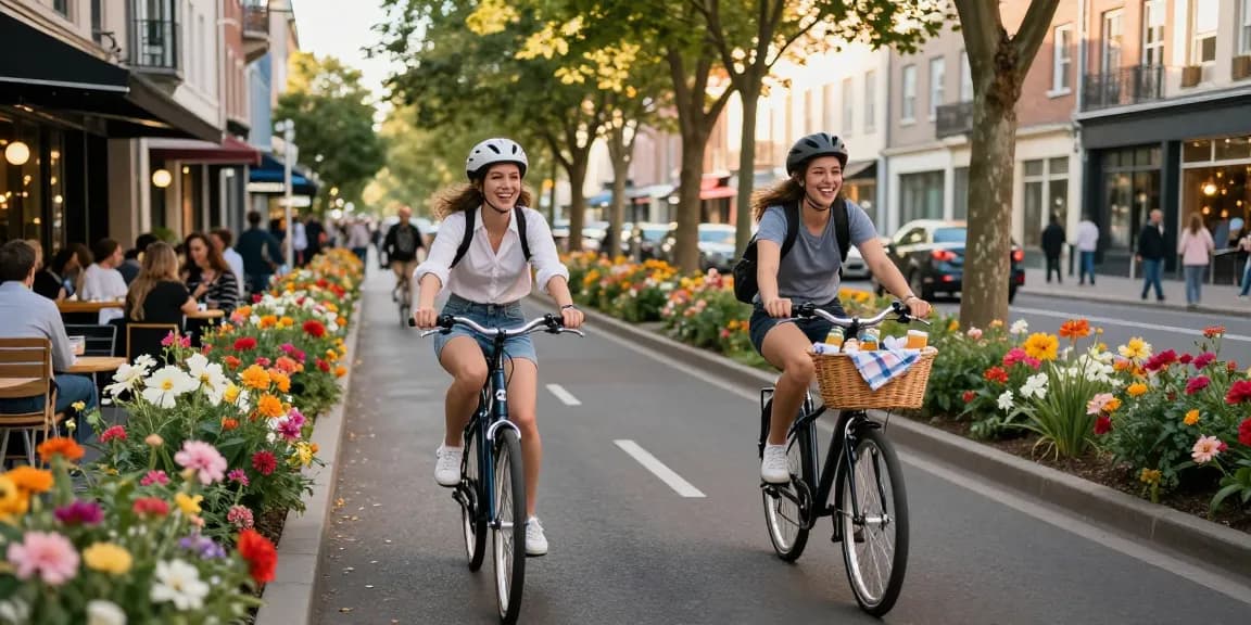 Doppio e-bike riders enjoying a vibrant city bike lane filled with flowers and local cafes.
