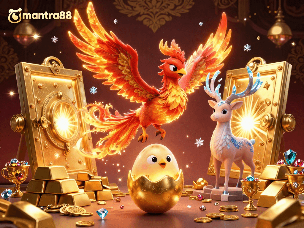 Experience big wins with mantra88's online gaming excitement and vibrant treasure-filled illustration.