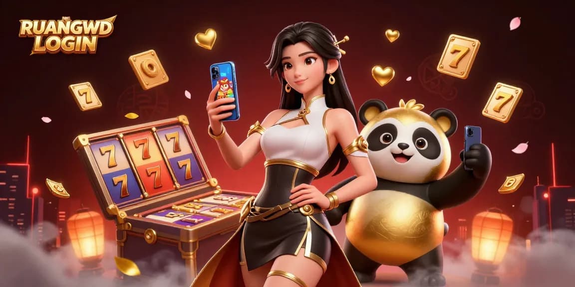 Engage with thrilling casino gameplay as RUANGWD LOGIN showcases an animated Asian woman holding a smartphone with vibrant slot reels.
