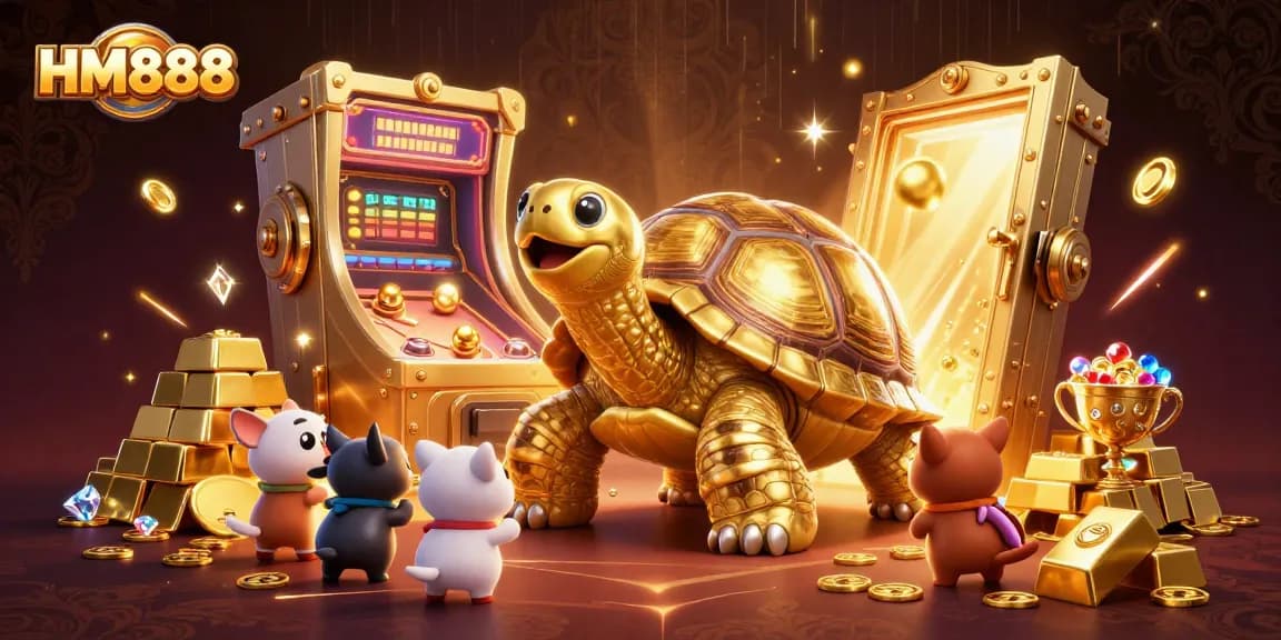 Experience thrilling gameplay at HM888 with a dynamic scene featuring a colossal golden tortoise and treasure galore.