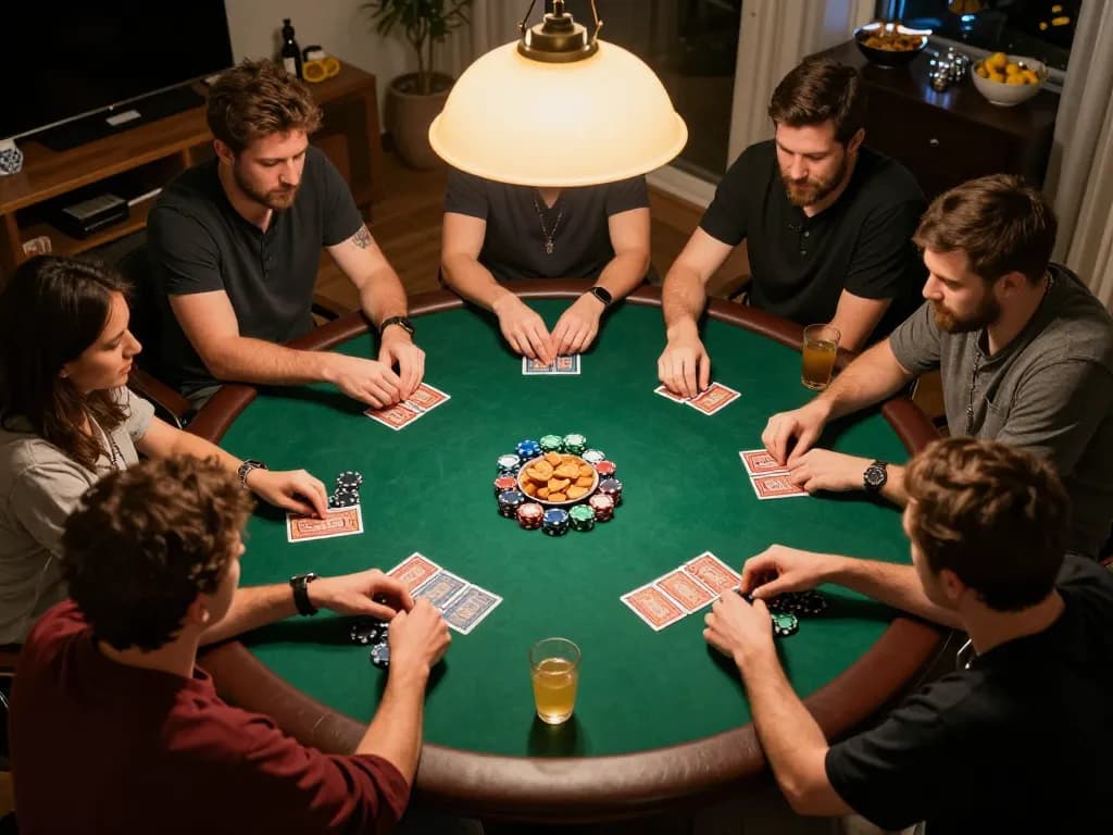 Engaging home poker night scene showcasing friends playing while exploring spinpanda online gaming strategies