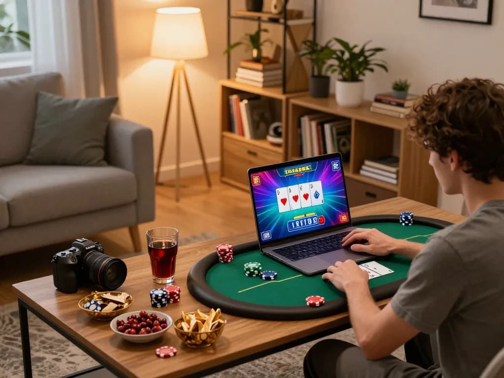 Player engaging with dn88 online poker game, laptop showcasing cards and betting interface.