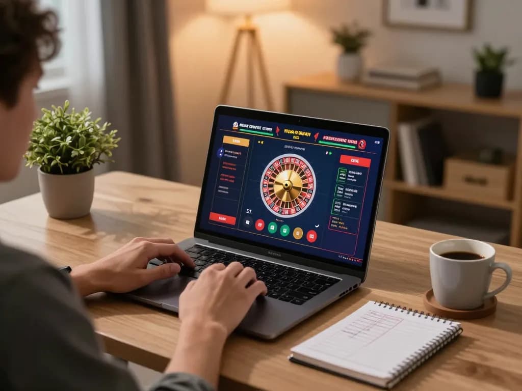 Engaging online roulette gameplay at mb88 with player focused on laptop in cozy home environment.