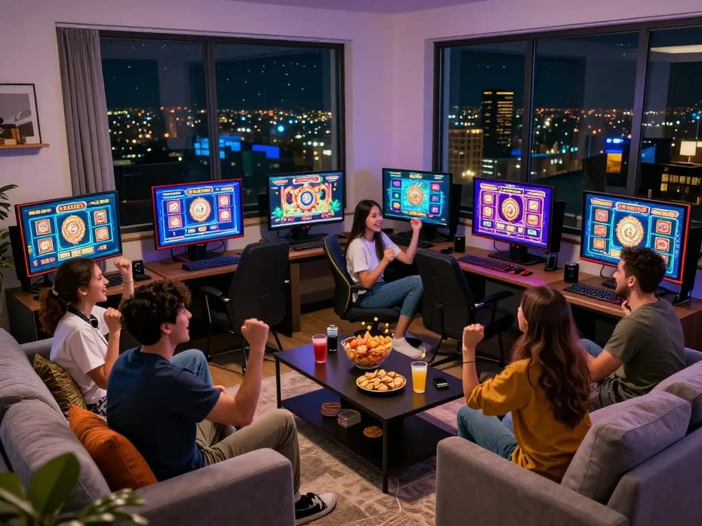 Teman-teman menikmati permainan situs slot dalam setup permainan yang cerah di rumah.