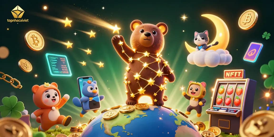 Engage with topnhacaiviet in a vibrant gaming scene featuring cosmic characters and digital currencies.