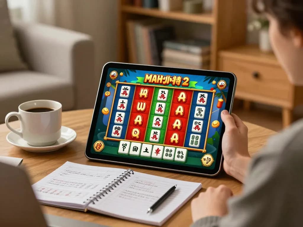 Player enjoys Mahjong Ways 2 slot game on tablet in cozy living room while tracking strategies.
