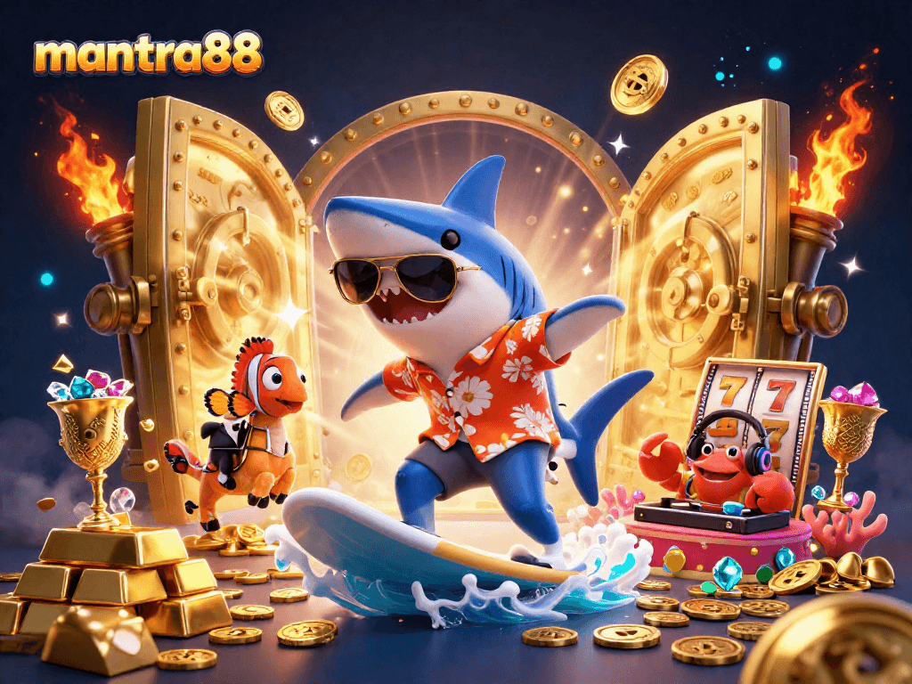 Engage in thrilling slots action with mantra88 featuring a shark, clownfish, and crab DJ amidst golden treasures.